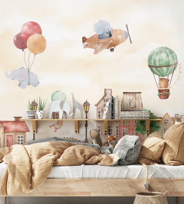 Watercolor Cute Houses with Flying Animals Wallpaper Mural for Kids