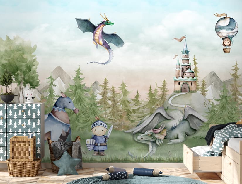 Kids Dragons Fairytale Cute Prince and Princess Wallpaper Mural