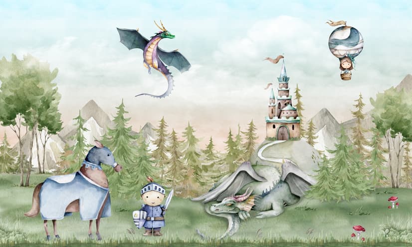 Kids Dragons Fairytale Cute Prince and Princess Wallpaper Mural