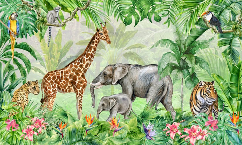 Kids Safari Watercolor Tropical  Forest Jungle Animals Wallpaper Mural