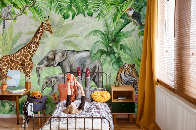Kids Safari Watercolor Tropical  Forest Jungle Animals Wallpaper Mural