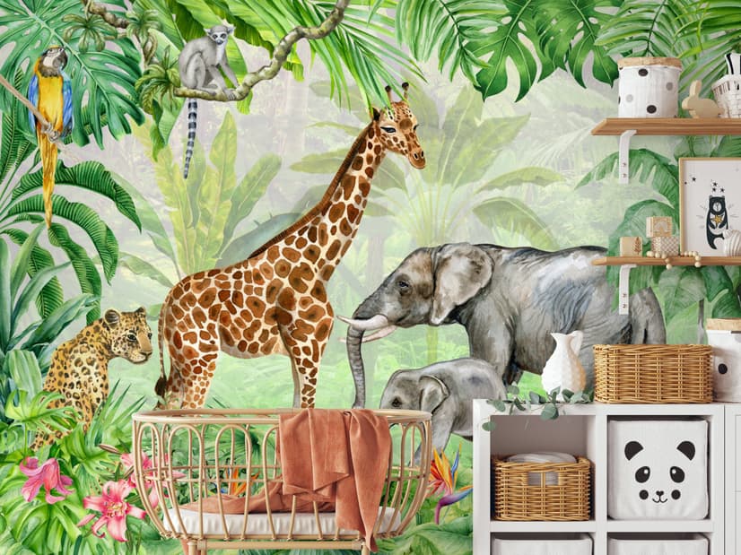 Kids Safari Watercolor Tropical  Forest Jungle Animals Wallpaper Mural