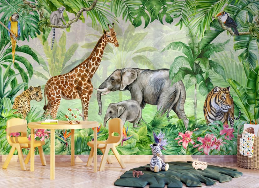 Papier peint jungle avec animaux de safari aquarelle pour enfants