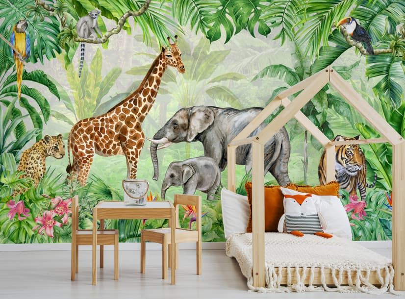 Kids Safari Watercolor Tropical  Forest Jungle Animals Wallpaper Mural