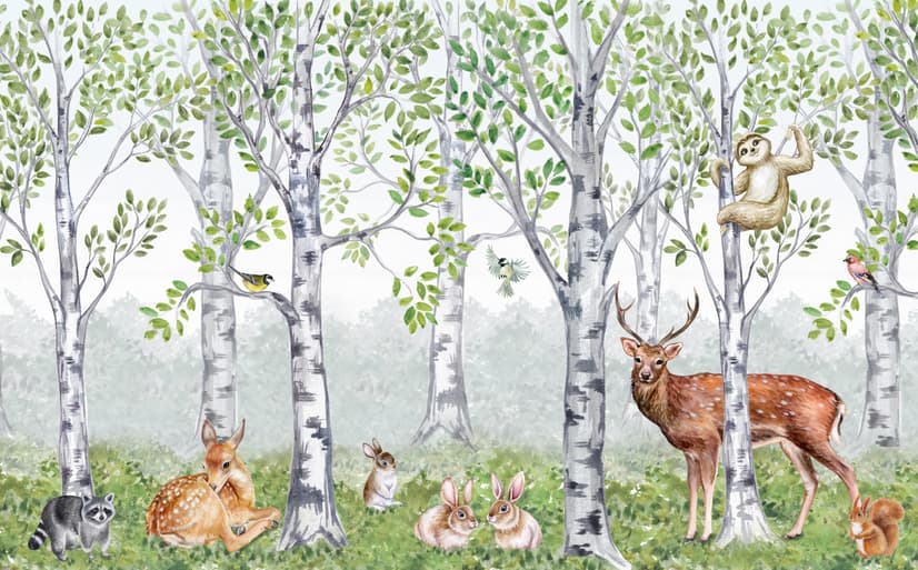 Kids Woodland Animals in the Forest Wallpaper Mural