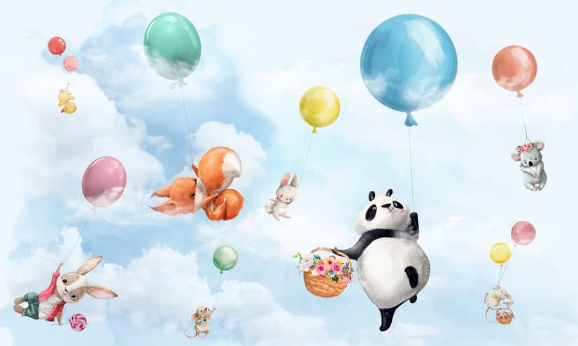 Süße fliegende Panda & Tiere Kinderzimmer-Fototapete
