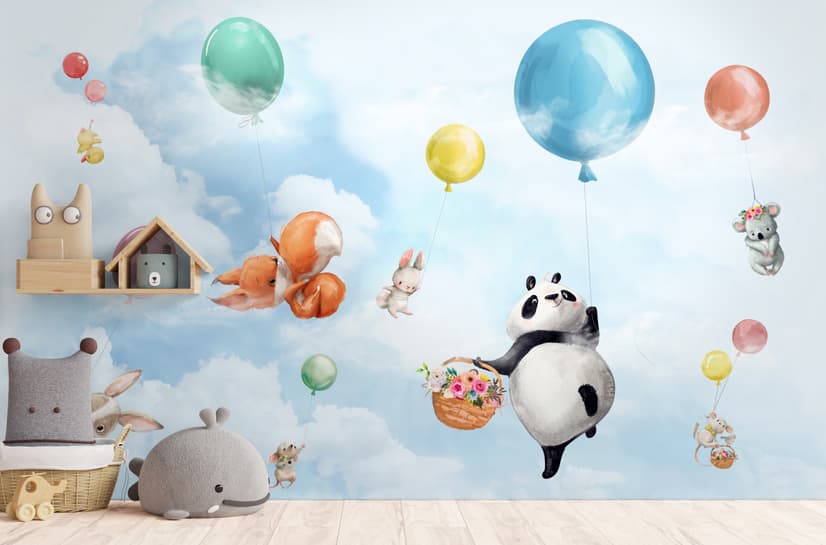 Cute Flying Panda & Animals Kids Nursery Wallpaper Mural