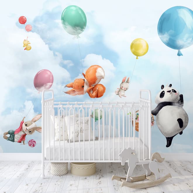 Süße fliegende Panda & Tiere Kinderzimmer-Fototapete