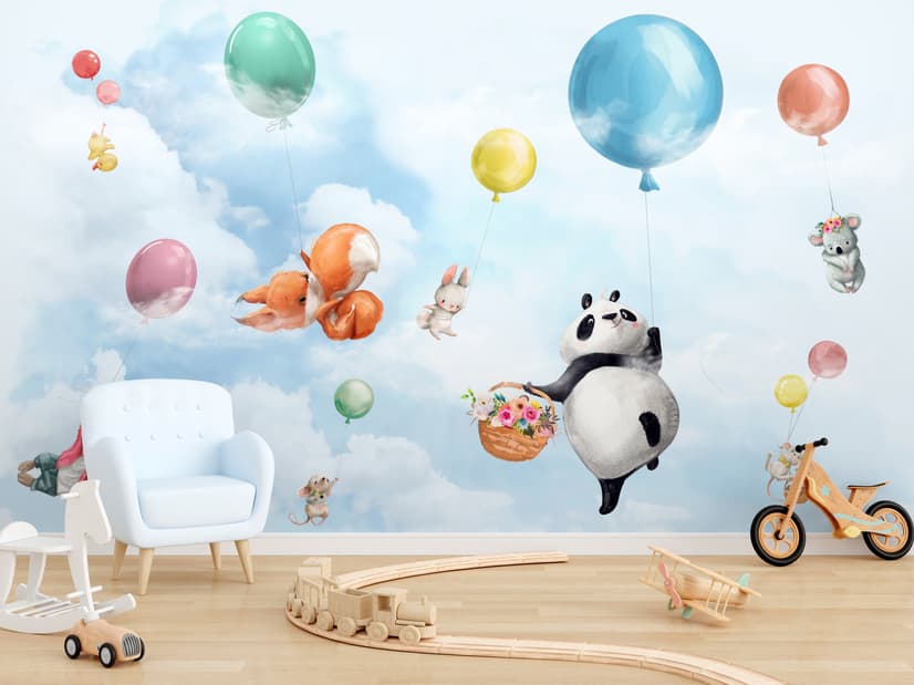 Süße fliegende Panda & Tiere Kinderzimmer-Fototapete