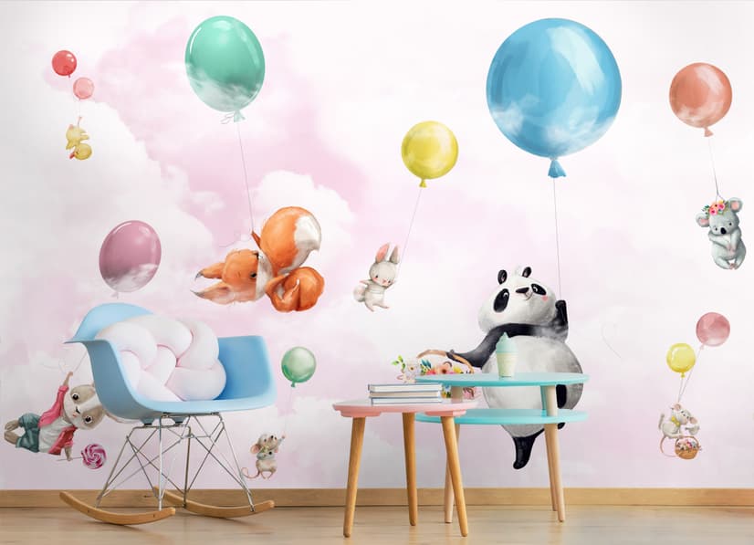 Süße fliegende Panda & Tiere Kinderzimmer-Fototapete