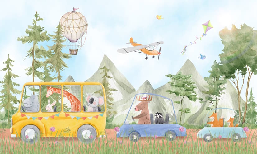 Kids Cute Watercolor Animals in the Bus Wallpaper Mural