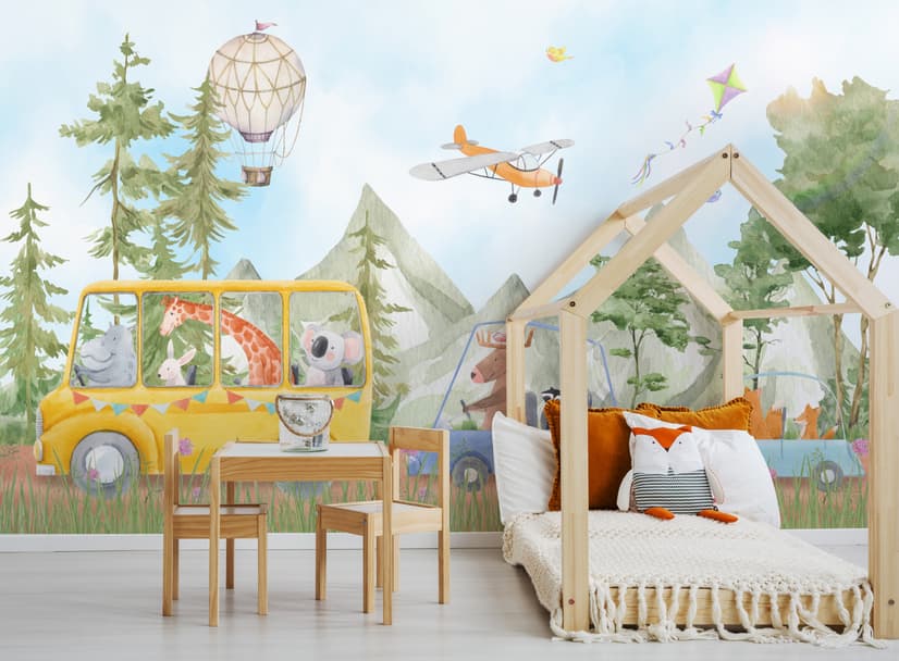 Kids Cute Watercolor Animals in the Bus Wallpaper Mural