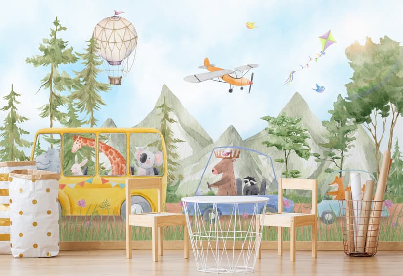 Kids Cute Watercolor Animals in the Bus Wallpaper Mural