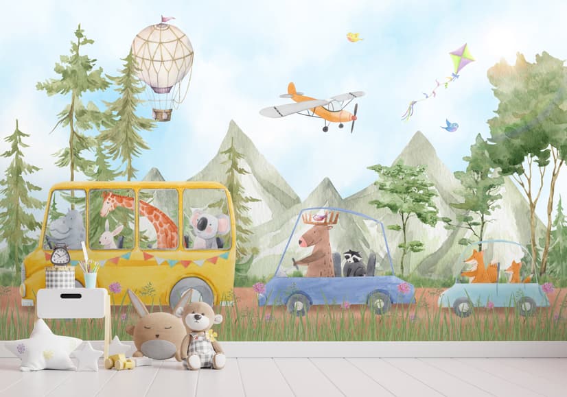 Kids Cute Watercolor Animals in the Bus Wallpaper Mural