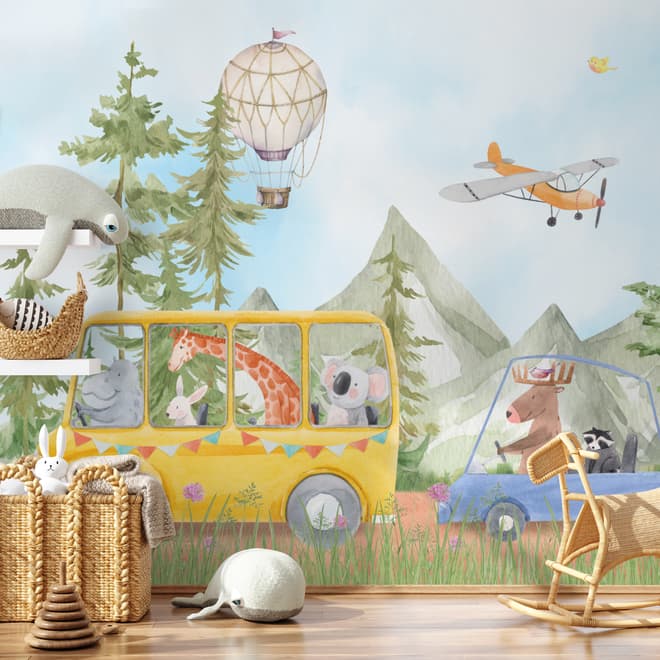 Kids Cute Watercolor Animals in the Bus Wallpaper Mural
