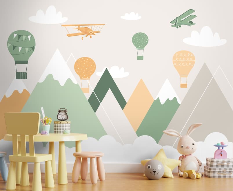 Nursery Mountain Landscape with Hot Air Balloons Wallpaper Mural