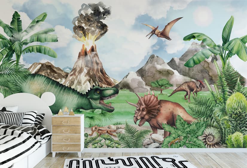Papier peint dinosaure avec trex monde jurassique pour enfants