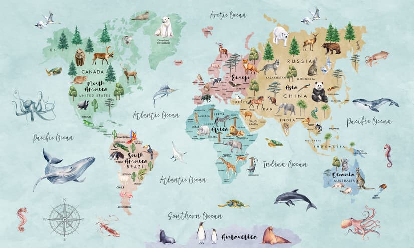 Kids Watercolor World Map Wallpaper Mural