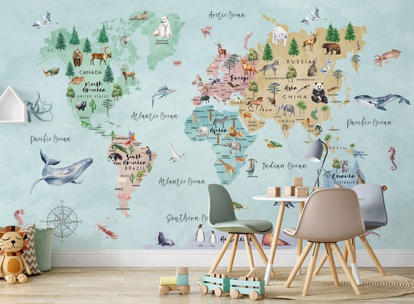 Kids Watercolor World Map Wallpaper Mural