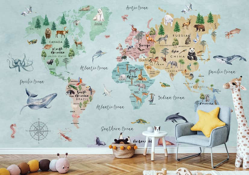 Kids Watercolor World Map Wallpaper Mural
