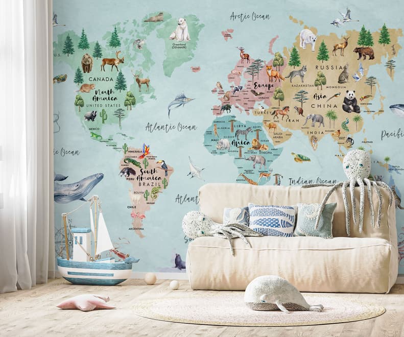 Kids Watercolor World Map Wallpaper Mural