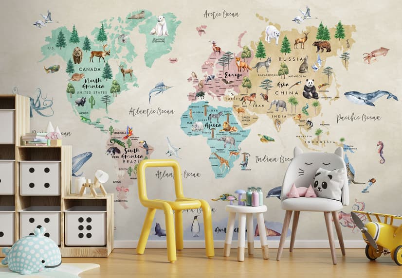 Kids Watercolor World Map Wallpaper Mural