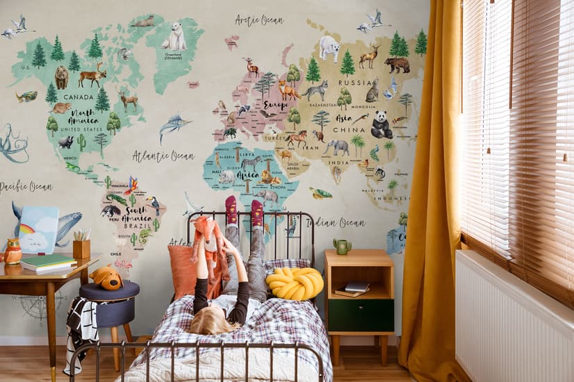 Kids Watercolor World Map Wallpaper Mural