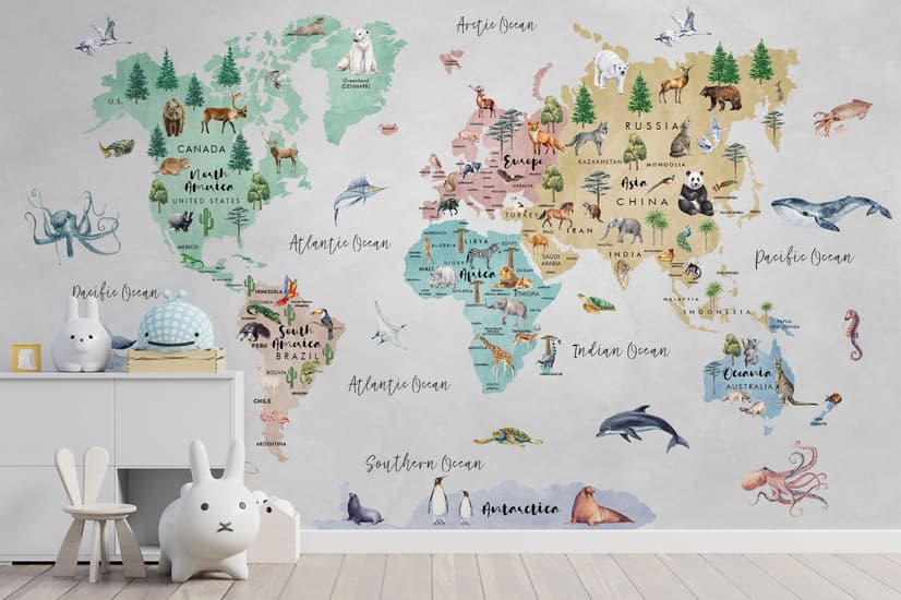 Kids Watercolor World Map Wallpaper Mural