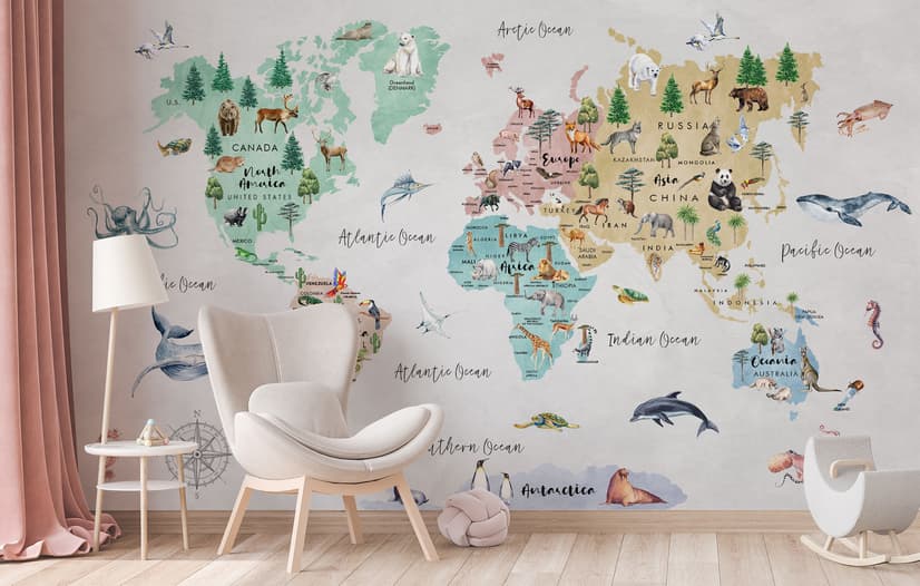 Kids Watercolor World Map Wallpaper Mural