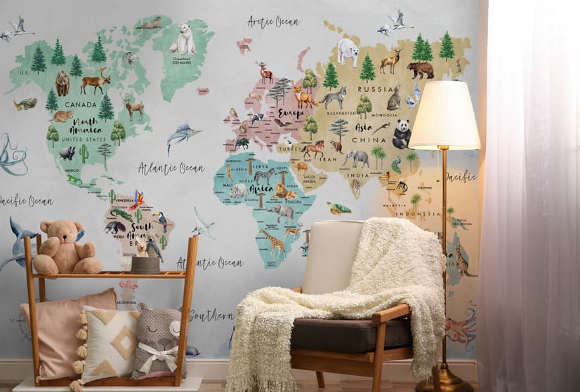 Kids Watercolor World Map Wallpaper Mural