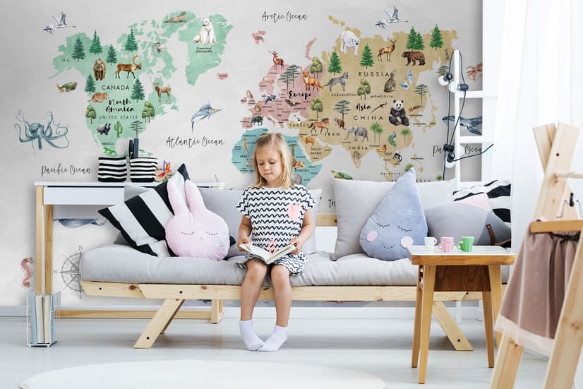 Kids Watercolor World Map Wallpaper Mural