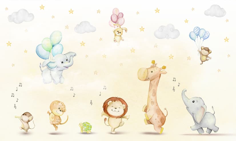 Kids Nursery Safari Animals Playing Wallpaper Mural