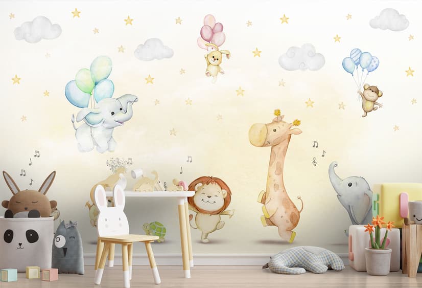 Kids Nursery Safari Animals Playing Wallpaper Mural