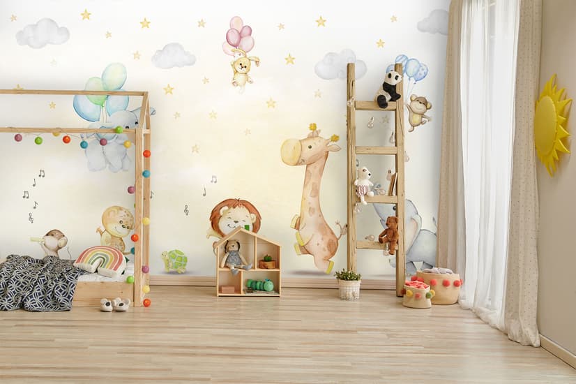 Kids Nursery Safari Animals Playing Wallpaper Mural