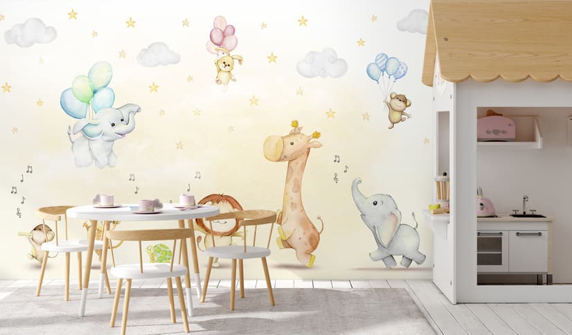 Kids Nursery Safari Animals Playing Wallpaper Mural