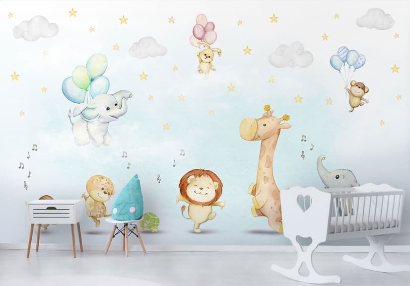 Kids Nursery Safari Animals Playing Wallpaper Mural
