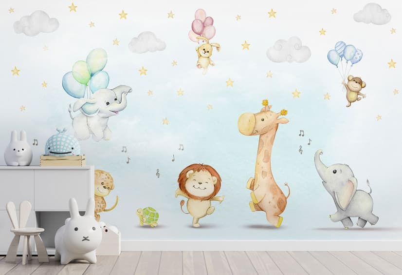 Kids Nursery Safari Animals Playing Wallpaper Mural