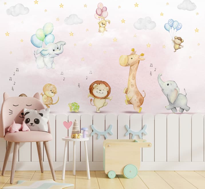 Kids Nursery Safari Animals Playing Wallpaper Mural
