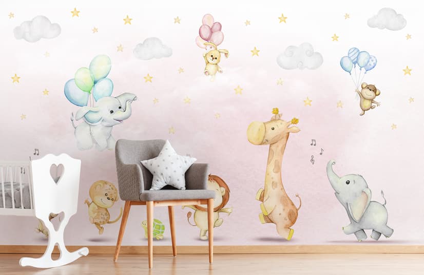 Kids Nursery Safari Animals Playing Wallpaper Mural