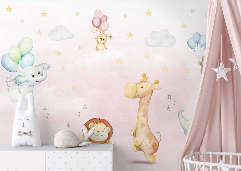 Kids Nursery Safari Animals Playing Wallpaper Mural