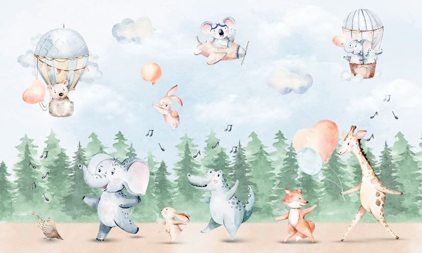Kids Cute Animals Dancing in the Forest Wallpaper Mural
