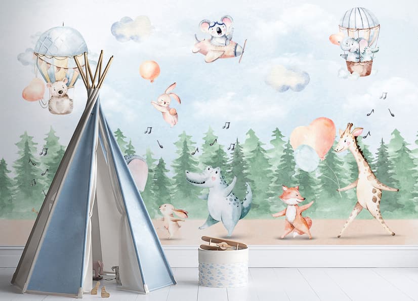 Kids Cute Animals Dancing in the Forest Wallpaper Mural
