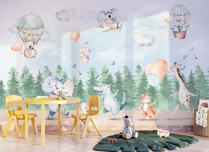Kids Cute Animals Dancing in the Forest Wallpaper Mural