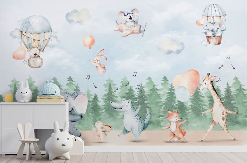 Kids Cute Animals Dancing in the Forest Wallpaper Mural