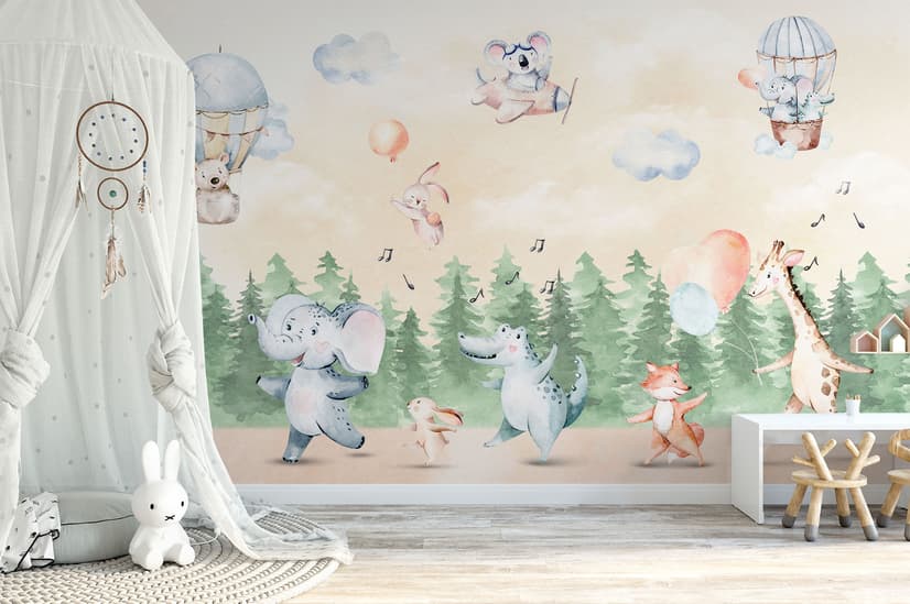 Kids Cute Animals Dancing in the Forest Wallpaper Mural