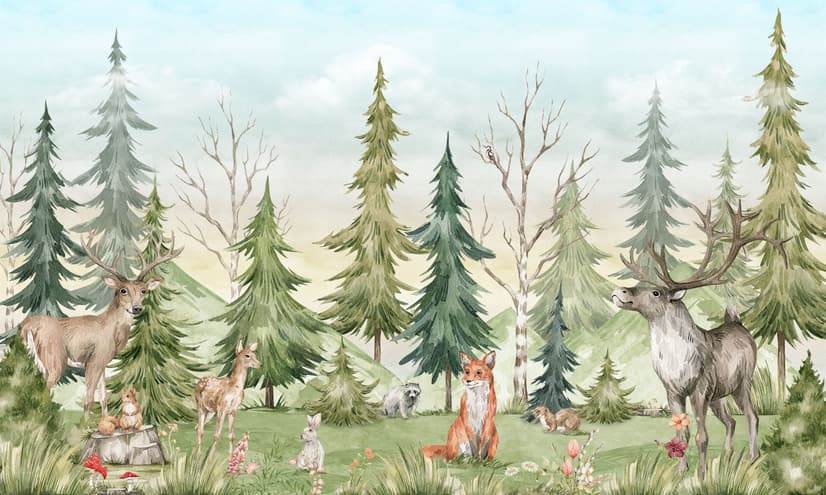 Kids Watercolor Pine Tree Forest with Animals Wallpaper Mural