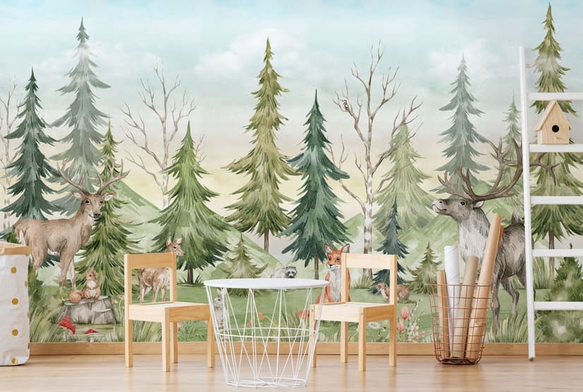 Kids Watercolor Pine Tree Forest with Animals Wallpaper Mural