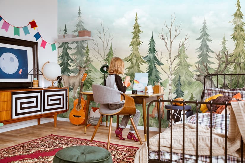 Kids Watercolor Pine Tree Forest with Animals Wallpaper Mural