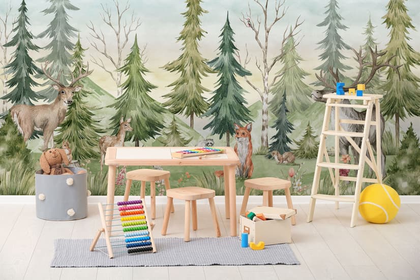 Kids Watercolor Pine Tree Forest with Animals Wallpaper Mural
