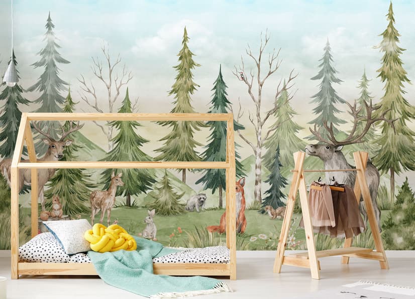 Kids Watercolor Pine Tree Forest with Animals Wallpaper Mural